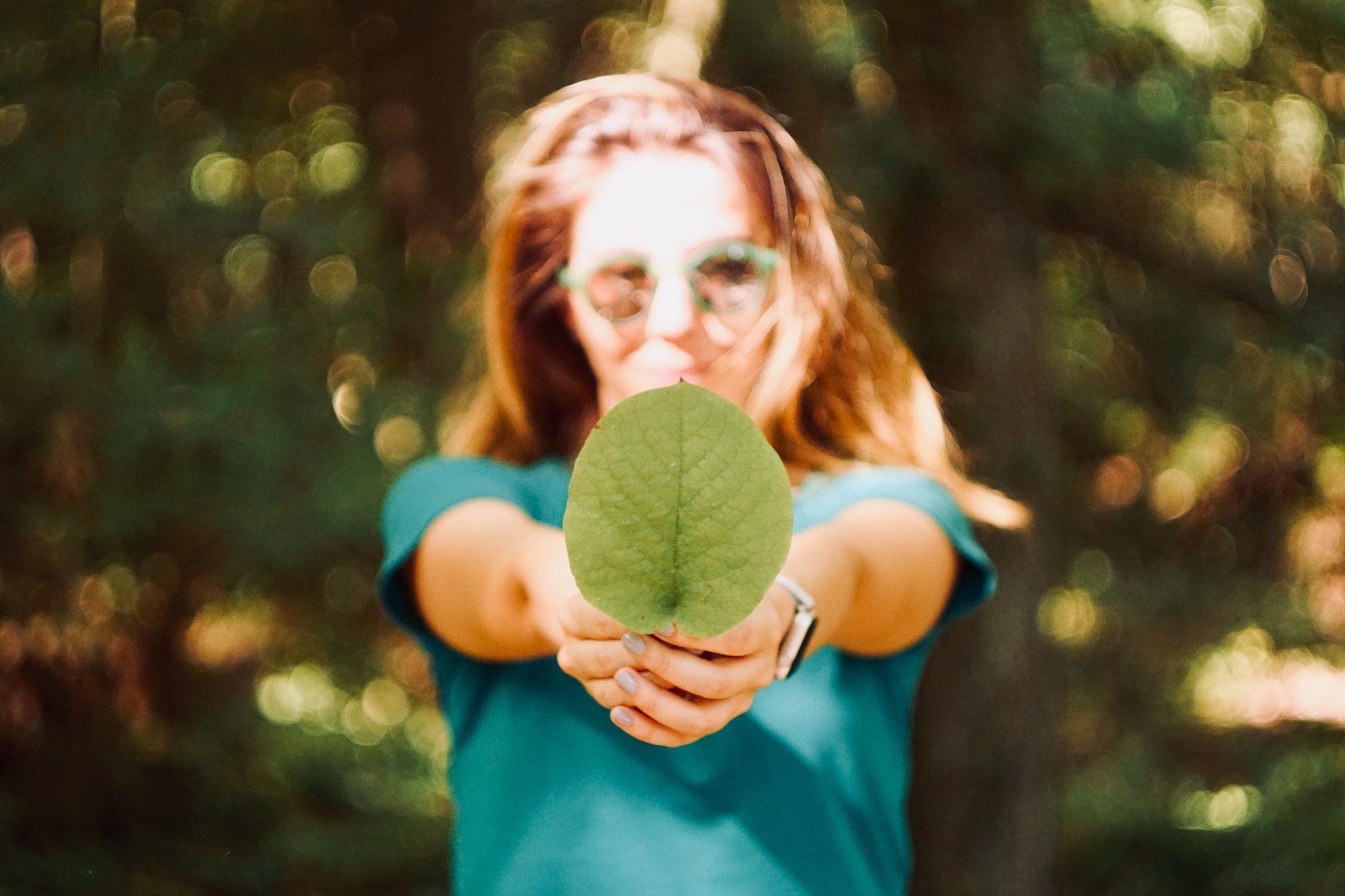 A girl in the woods holding a large leaf from a tree out in front of her.