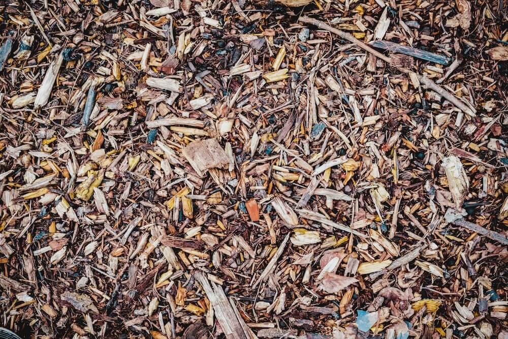 A closeup of wood chips, which are a form of biomass.